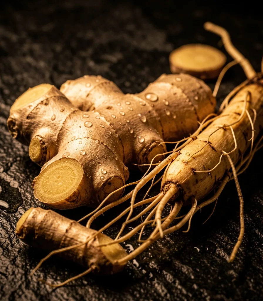Fresh ginger and ginseng roots on dark stone