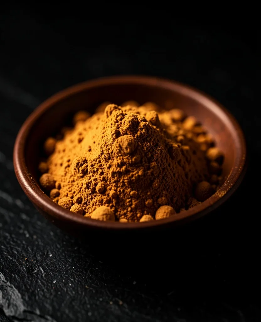 Ashwagandha root powder in a dark bowl