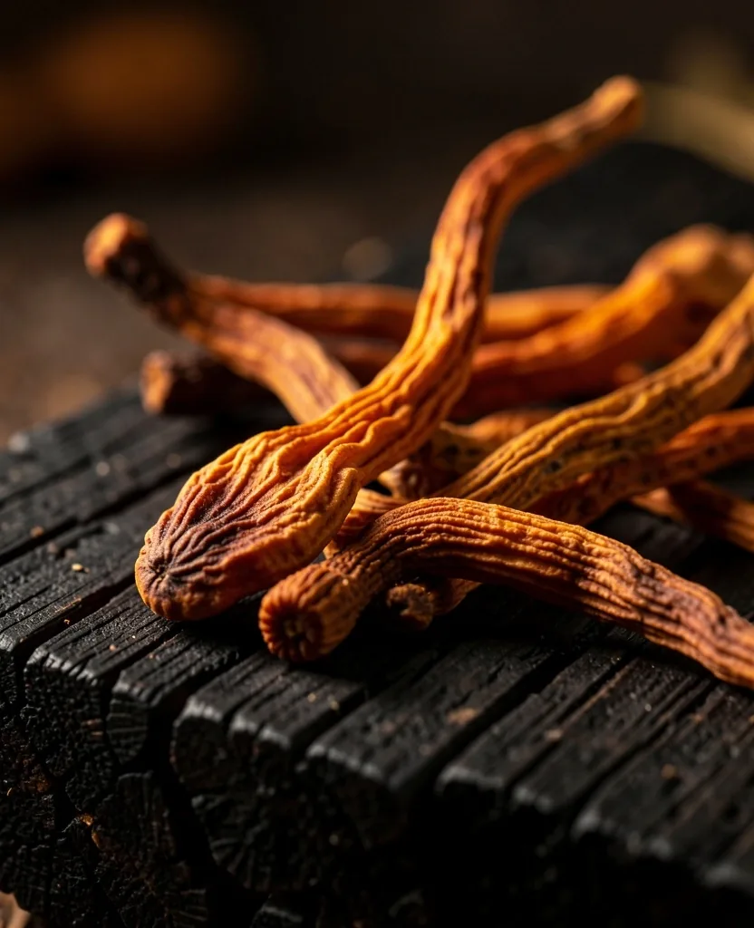 Dried cordyceps mushrooms on dark surface