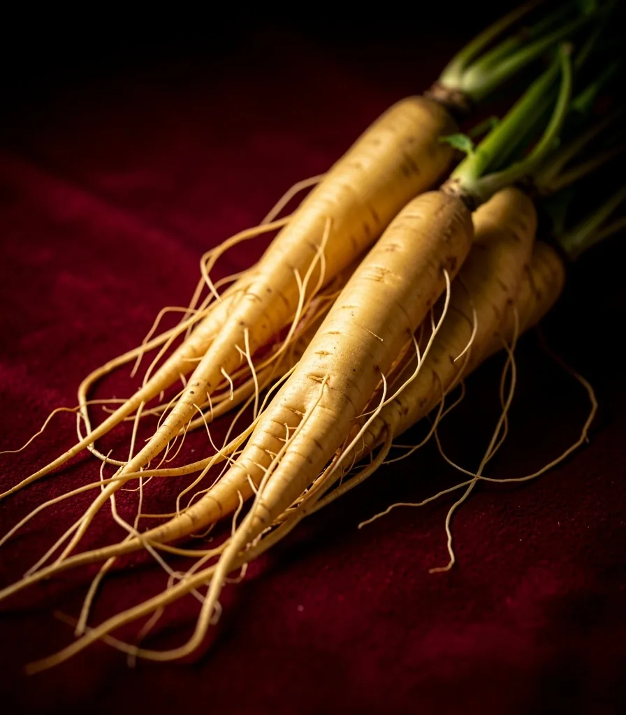 Fresh ginseng roots on red surface