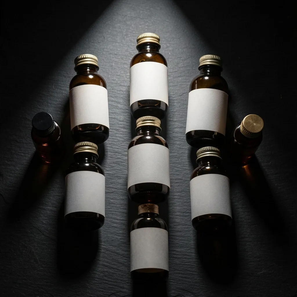 Natural supplement bottles arranged on dark surface