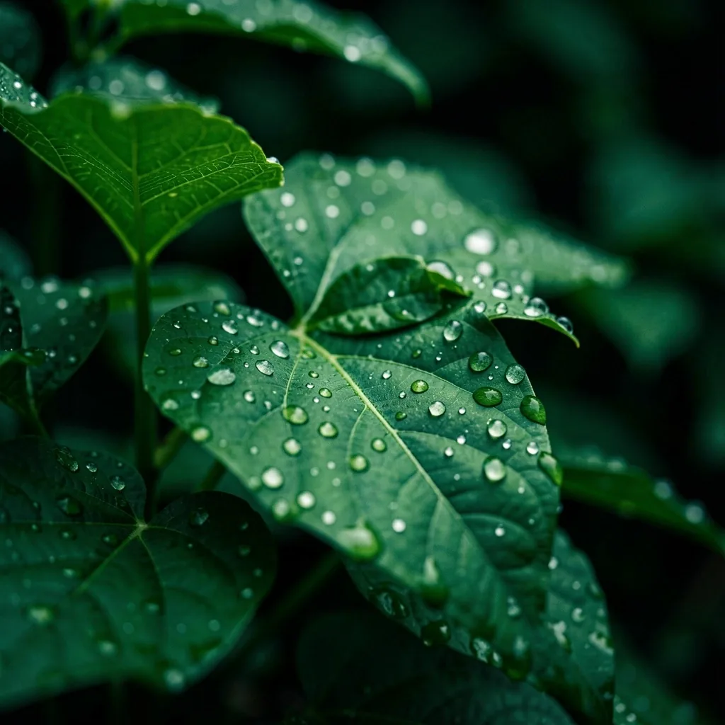 Botanical leaves with dew drops in dark lighting