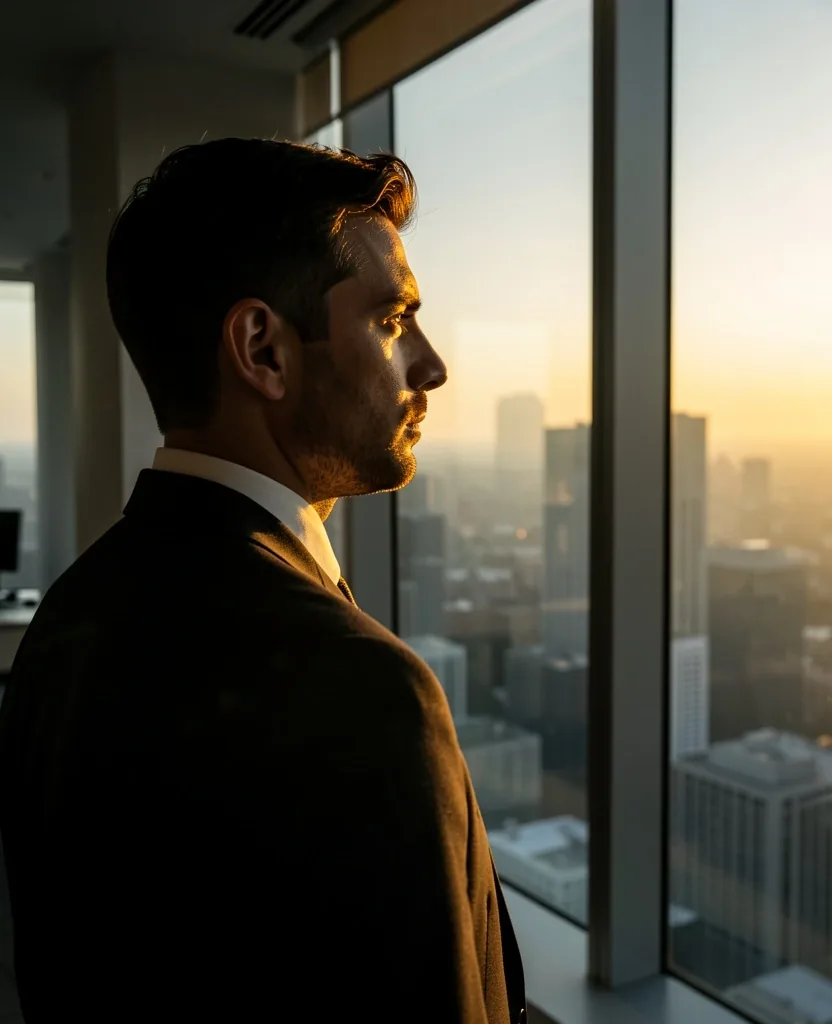 Man in profile against city window at dawn