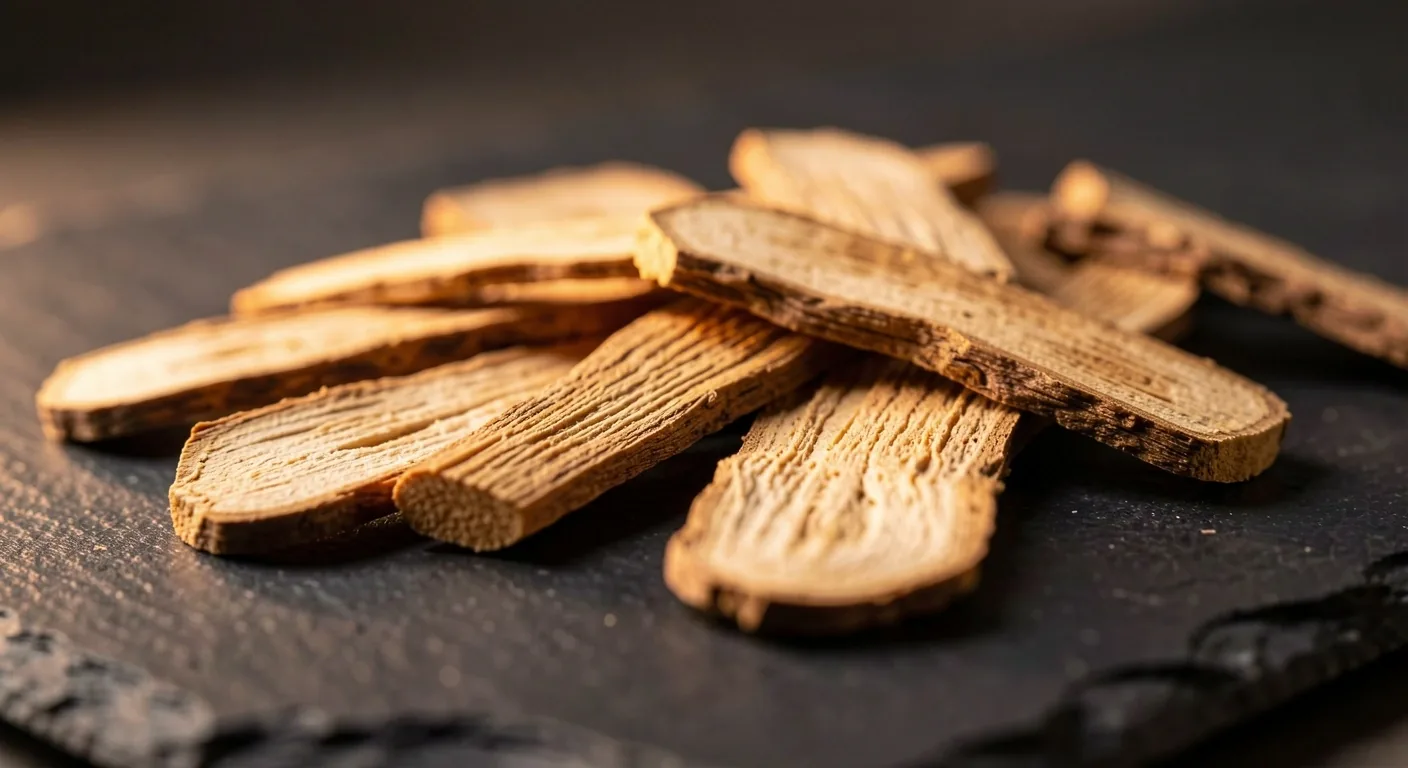 Dried botanical root slices on dark surface