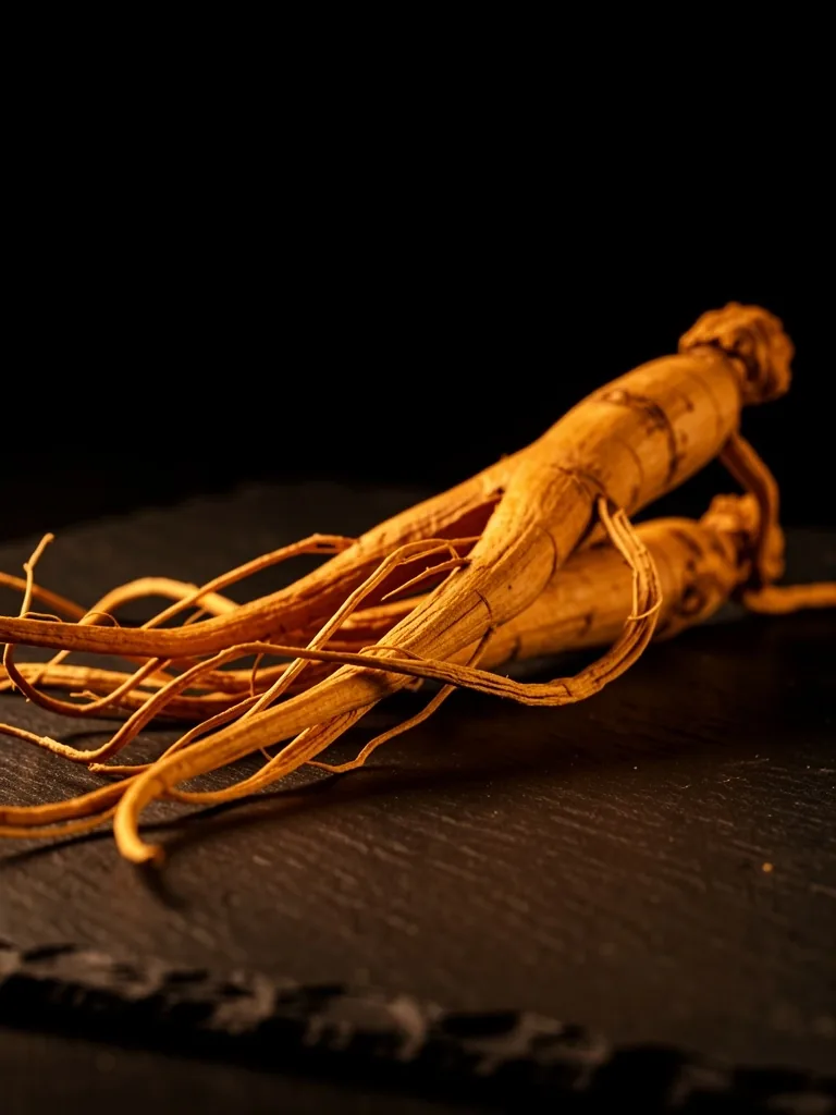 Dried ginseng root on dark surface