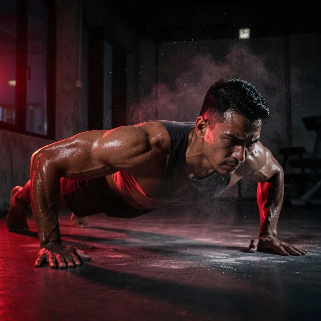 Man training in a dark gym with dramatic lighting